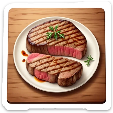 Cinematic thick-cut scotch fillet steak, perfectly seared with grill marks, a grilled center, rich and savory, warm glow, sizzling and mouthwatering, highly detailed and appetizing. sticker