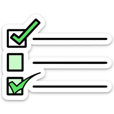 A checklist with a prominent green checkmark on the first item, symbolizing tracking completed tasks and progress sticker