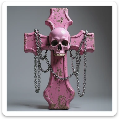 realistic gothic cross, pink with silver chains, photorealistic style sticker