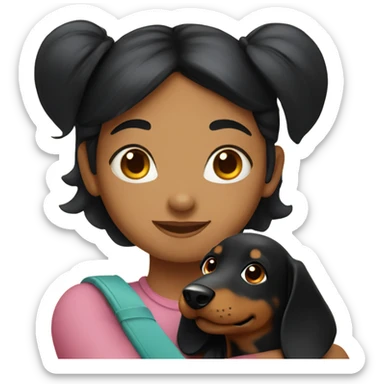 A girl with black hair hugging a daschund sticker