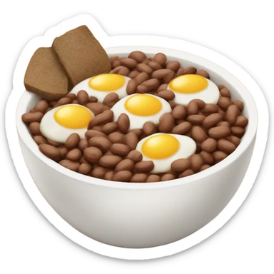 Brown dish in a white bowl with beans, potatoes, brown eggs and some deep cooked meat sticker
