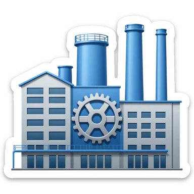 "A minimalist vector icon of a modern manufacturing factory building with a gear symbol above it. Blue and grey color scheme, flat design, white background, simple thick lines, professional business logo style." sticker