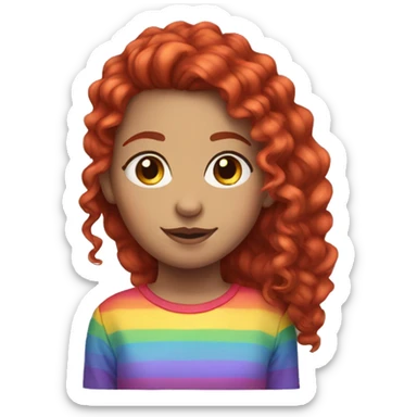 a girl with red curly hair in a pony tail with rainbow shirt sticker