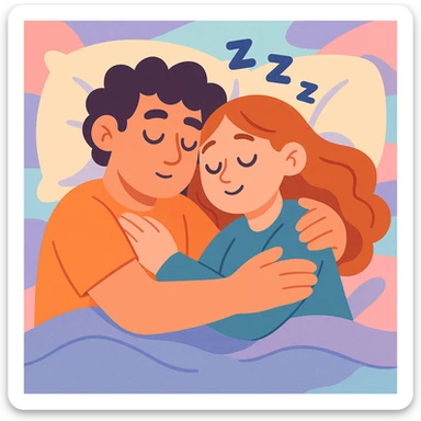 a couple asleep, holding each other, dreamy atmosphere, pastel colors sticker
