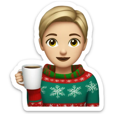 Light brown short haired girl with green eyes drinking coffee wearing blue Christmas sweater sticker