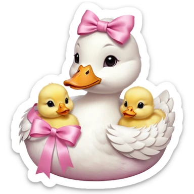 White mama duck with baby chicks with pink ribbons around neck sticker