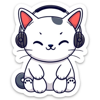 tired sad cat with a gun and headphones, cartoon sticker sticker