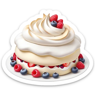 Cinematic Realistic Pavlova Dessert Emoji, showcasing a delicate meringue dessert topped with fresh fruit rendered with lifelike texture and soft natural lighting. sticker