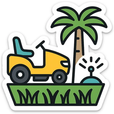 lawn care company logo with lawn mower mowing grass, palm tree in background, water sprinkler, clean professional style sticker