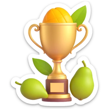 a fun and celebratory golden trophy with a mango as the cup sticker
