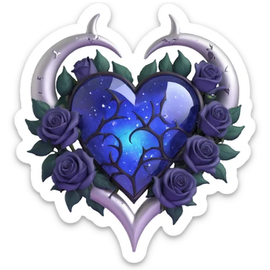 gothic heart, midnight blue glass, silver crescent moon, black roses, stardust, lightning, rain, cracked glass, iridescent style sticker