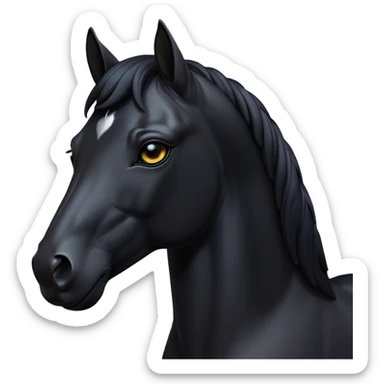Cinematic Noble Black Horse Portrait Emoji, Poised and regal, with a strong, athletic build and a sleek, well-groomed jet-black fur, deep-set soulful dark eyes, Simplified yet sharp and sophisticated features, highly detailed, glowing with a soft, dignified glow, high shine, intelligent and commanding, stylized with an air of mysterious grace, focused and attentive, soft glowing outline, capturing the essence of a watchful and confident steed, so majestic it feels as though it could gallop out of the screen with effortless authority! sticker