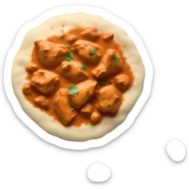 A plate of butter chicken with rice on the side and naan bread sticker
