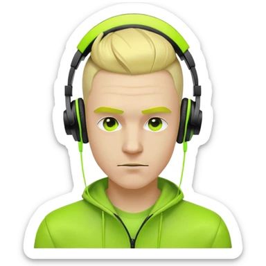 yellow-skinned guy head with slicked back black undercut hair and neon green headphones, cool expression sticker