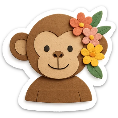 paper craft style monkey with flowers, bust up sticker
