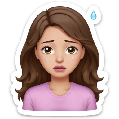 girl with wavy long brown hair, brown eyes, light to medium complexion, long lashes, light pink lipstick, wearing light pink shirt, crying big tears sticker