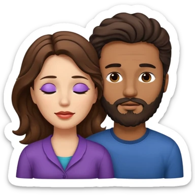 White woman (brown hair with eyes closed) and brown man with black wavy hair (has a a beard with his eyes closed too),The woman has her lips on the forehead of the man. sticker
