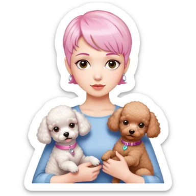 short pixie bangs platinated woman pink hair no bang，fair-skinned ,holding two poodles sticker