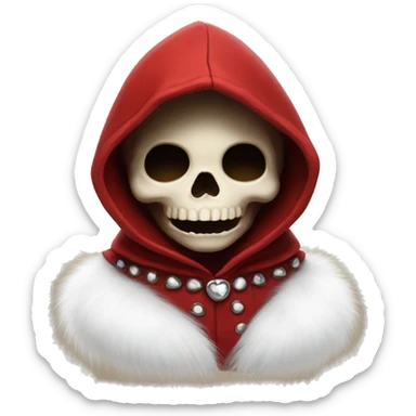 Cute young skull wearing a red velvet hood with white fur trim. sticker