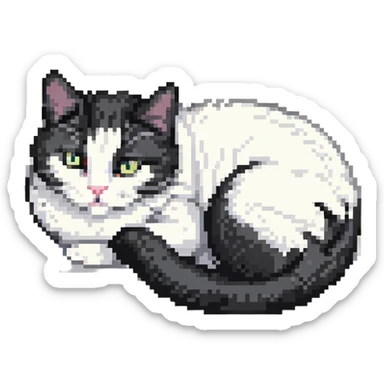curled up black and white cat pixel art sticker