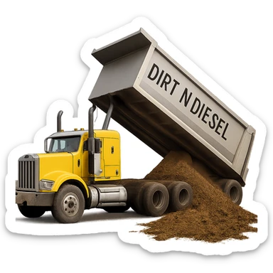 Make the yellow sleeper semi and silver dump trailer with 'Dirt n Diesel' text and dirt pouring out look more life-like and realistic, keep the dumping action, no background. sticker
