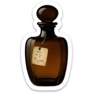 English vintage glass perfume bottle from my grandmother, old and shabby, with a label, stylish and minimalistic, black and brown sticker