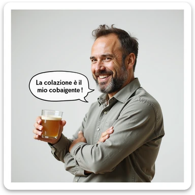 hyperrealistic 4K man isolated on white background with a speech bubble saying 'La colazione è il mio carburante!', smiling expression, natural pose, realistic details sticker