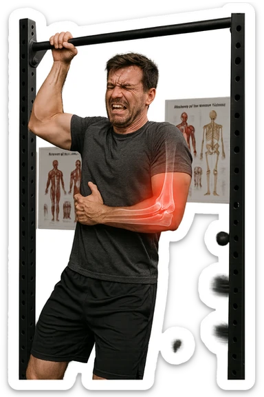 a man in gym attire is performing a pull-up on a bar when his face suddenly contorts in pain. His elbow is highlighted with a bright red glow, and a semi-transparent overlay reveals a visible tear or injury in the joint structures (such as ligaments or tendons). The background is a modern gym, with anatomical posters and equipment. sticker