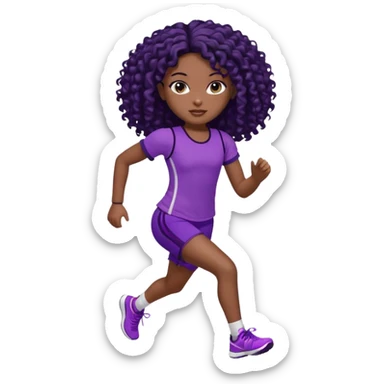 Uma boneca morena escura com olhos castanhos e cabelo cacheado longo preto até o peito, treinando correndo a roupa top até o meio da barriga roxo com detalhes preto e short roxo com detalhes preto sticker