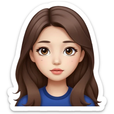 “korean straight brown hair Emoji girl, soft eyeliner and blush, gradient lips, light brown shimmer eyeshadow, long wavy hair,  sticker