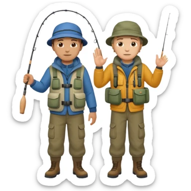 Father and son in fishing gear gesturing that they are cold, full body sticker