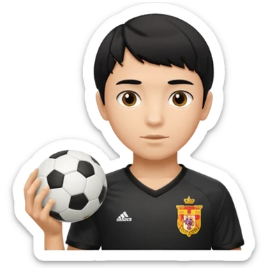 Spanish boy with black hair with bowl cut and black and white soccer jersey on sticker