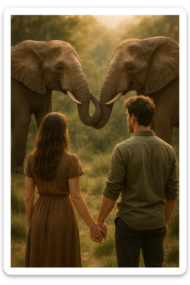 Vertical format: A man and woman watching two elephants touching trunks, the couple holding hands, atmosphere of connection and inspiration. sticker