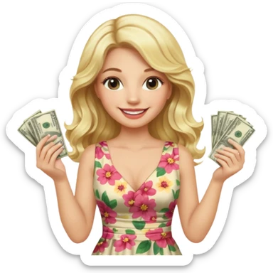 rich long hair blonde australian millionare woman holding a lot of money wearing cute floral dress sticker
