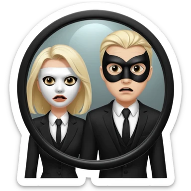 Man killer on mask in mirror behind woman sticker