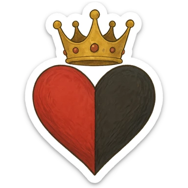 ghibli style heart 75% red and 25% black with a queen's crown on top sticker
