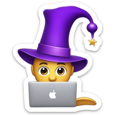 magician with a purple pointy magic hat with a star working on a macbook sticker