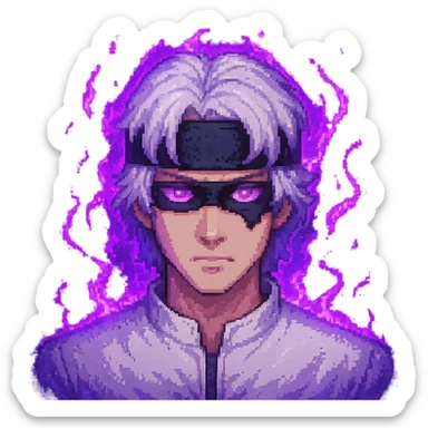Add glowing purple energy effects to Gojo Satoru in pixel art style, maintaining the transparent background. The glow should be bright and magical, emphasizing the character's power with purple light. sticker