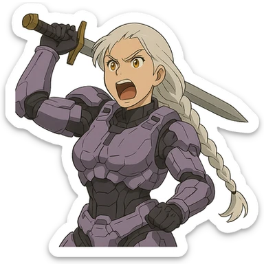 female, wearing reach spartan armor default, long white braid hair, gold yellow eyes, attention pose, HALO:series, no helmet, the armor is lavender color scheme, shoulder pad off. DDD bust size fitting. Punk gothic cyberpunk, brandishing a sword, preparing to swing and yelling sticker