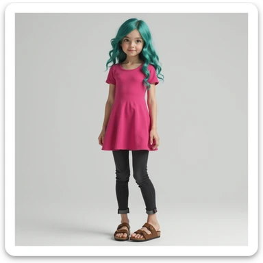 a realistic girl with teal hair, wearing a hot pink dress, black jeans, and brown birkenstocks, standing, photorealistic, casual pose sticker