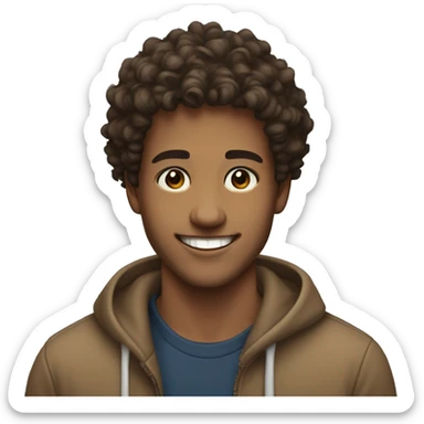 a young men, around 25 yo, curly hair, black eyes, brown hair, beatiful smile sticker