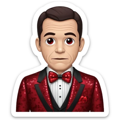 Lon Chaney Jr with dark brown hair, dark red sequin suit with bow tie sticker