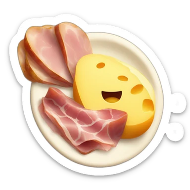 Potatoes and A big Melting raclette cheese in a plate with a little piece of ham  sticker