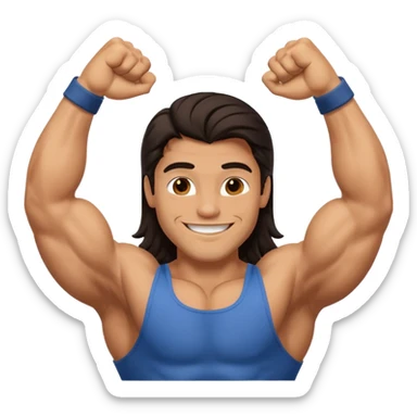 muscled happy guy showing biceps, long dark hair sticker