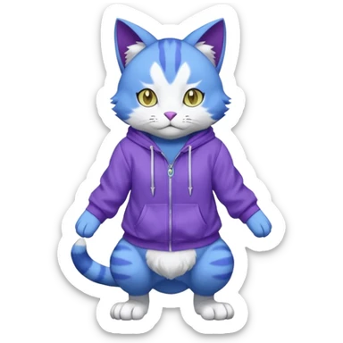 Blue cat-garurumon-purloin-feline-Fakemon-Digimon-creature wearing a violet hoodie fursona (full body)  sticker