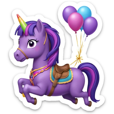 twillight sparkle mlp holding colorful balloons tied to its saddle, looking cheerful. sticker