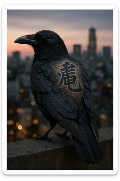 A crow showing off yakuza kanji on its back, with subtle ink details and a cityscape in the background sticker