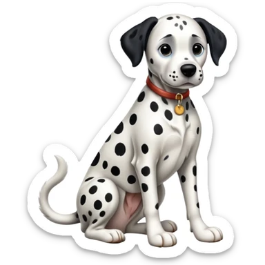 cinematic-[dalmatian dog]-realistic-full-body-sitting-emoji,-tail-resting-loosely-beside-its-paws,-head-tilted-dramatically,-sleek-[spotted]-fur,-simplified-yet-realistic-focused-features,-highly-detailed,-glowing-with-an-almost-sarcastic-glow sticker