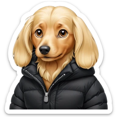 Long hair blonde Daschund dog in huge black puffer  sticker