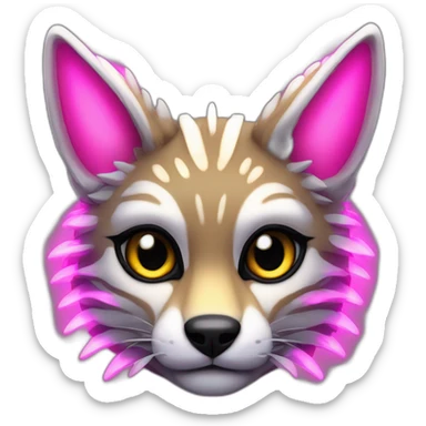 Coyote ocelot with grey and black fur and phoenix wings and pink ears half skeleton, neon lights sticker